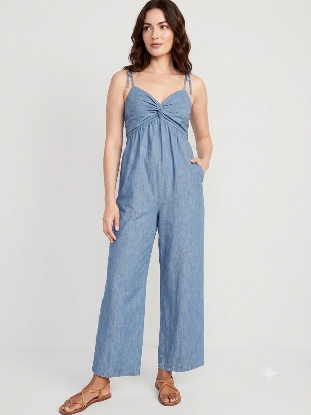 🆕 Old Navy | Light Blue Denim Tie-Shoulder Wide Leg Jumpsuit with Pockets
